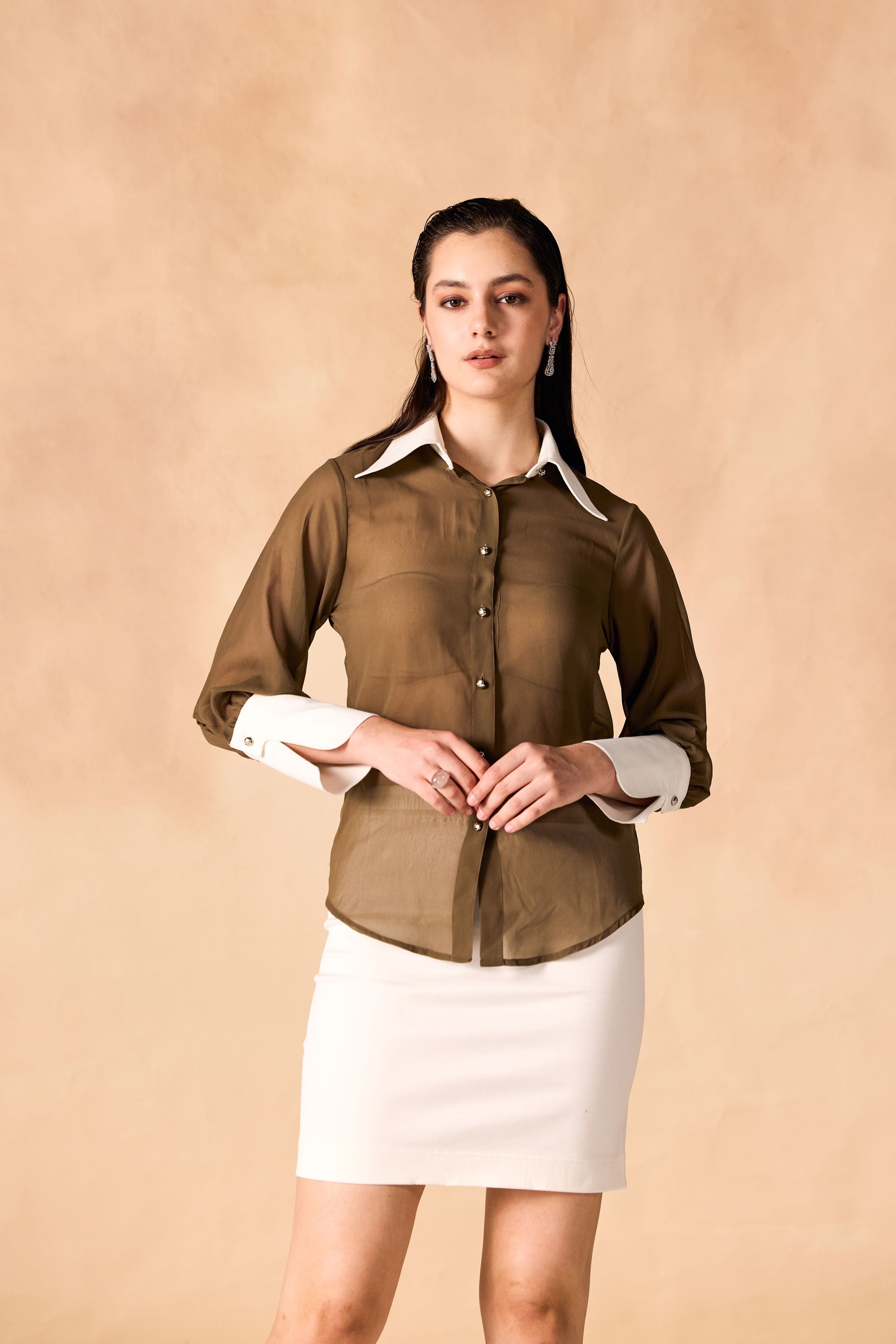 SAMMYUKK Button-Up Contrast Trim Georgette Sheer Shirt - DARK OLIVE