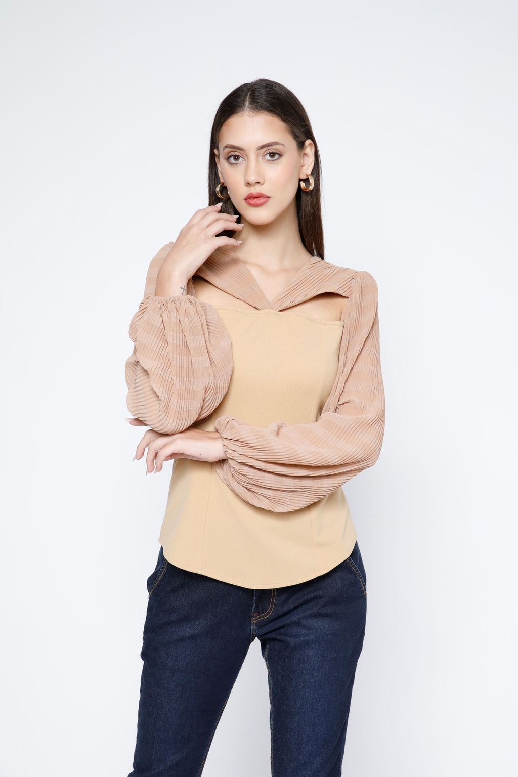 SAMMYUKK Pleated Chiffon Front Cut-out Top - Sunset Gold