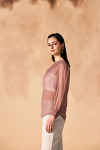 SAMMYUKK Pleated Pearl Buttoned Yoke Georgette Top - SEA FOG
