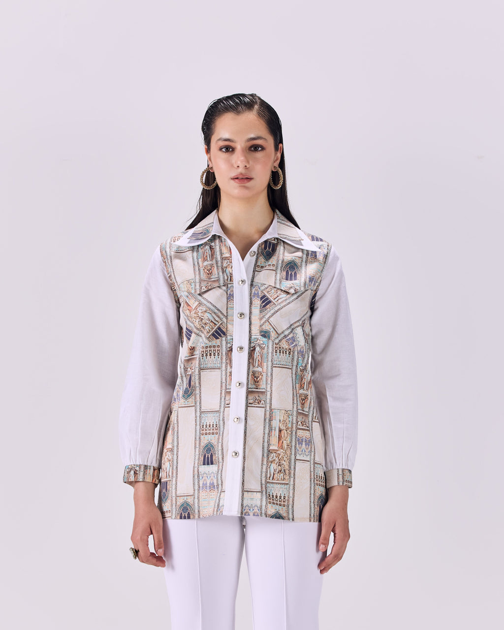 SAMMYUKK Double Collar Button-Up Ancient Roman Print Shirt - MULTICOLOR