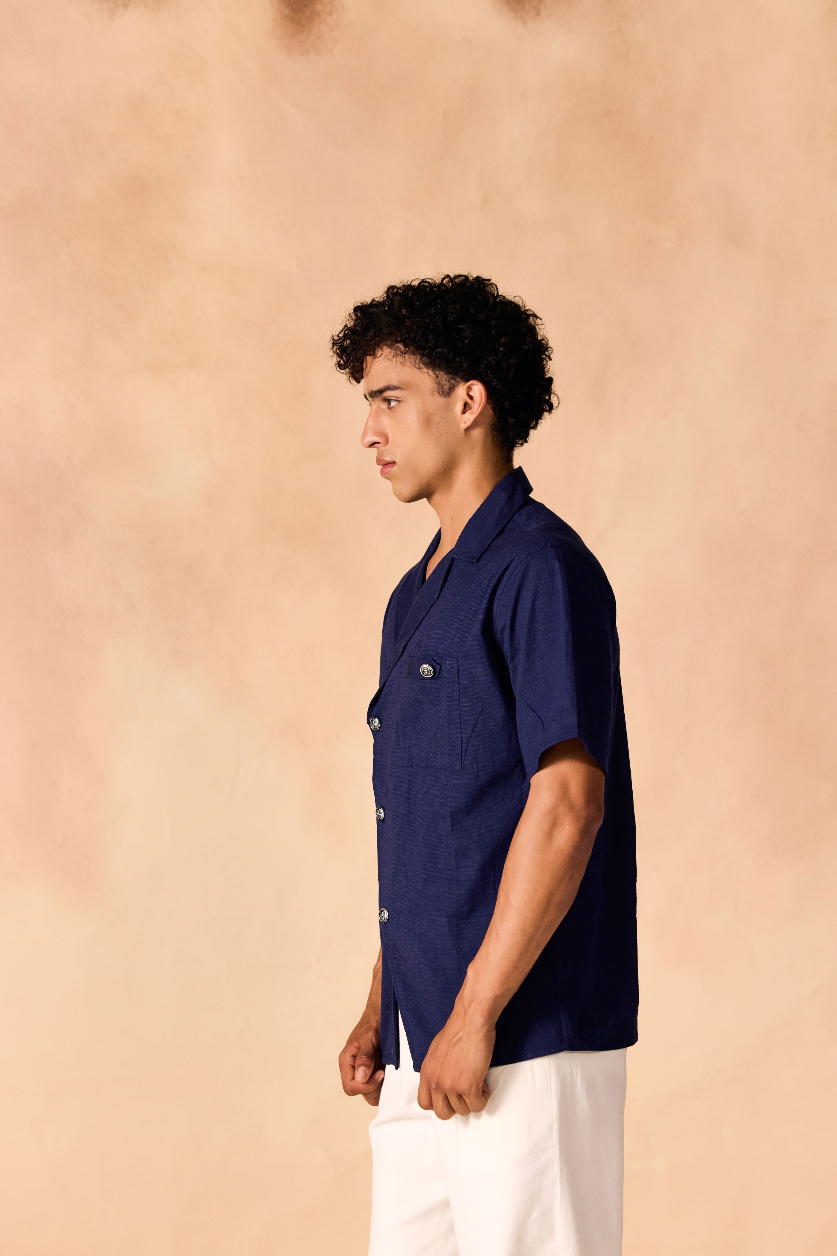 SAMMYUKK Overlapping Notched Collar Casual Cotton Shirt - MIDNIGHT BLUE