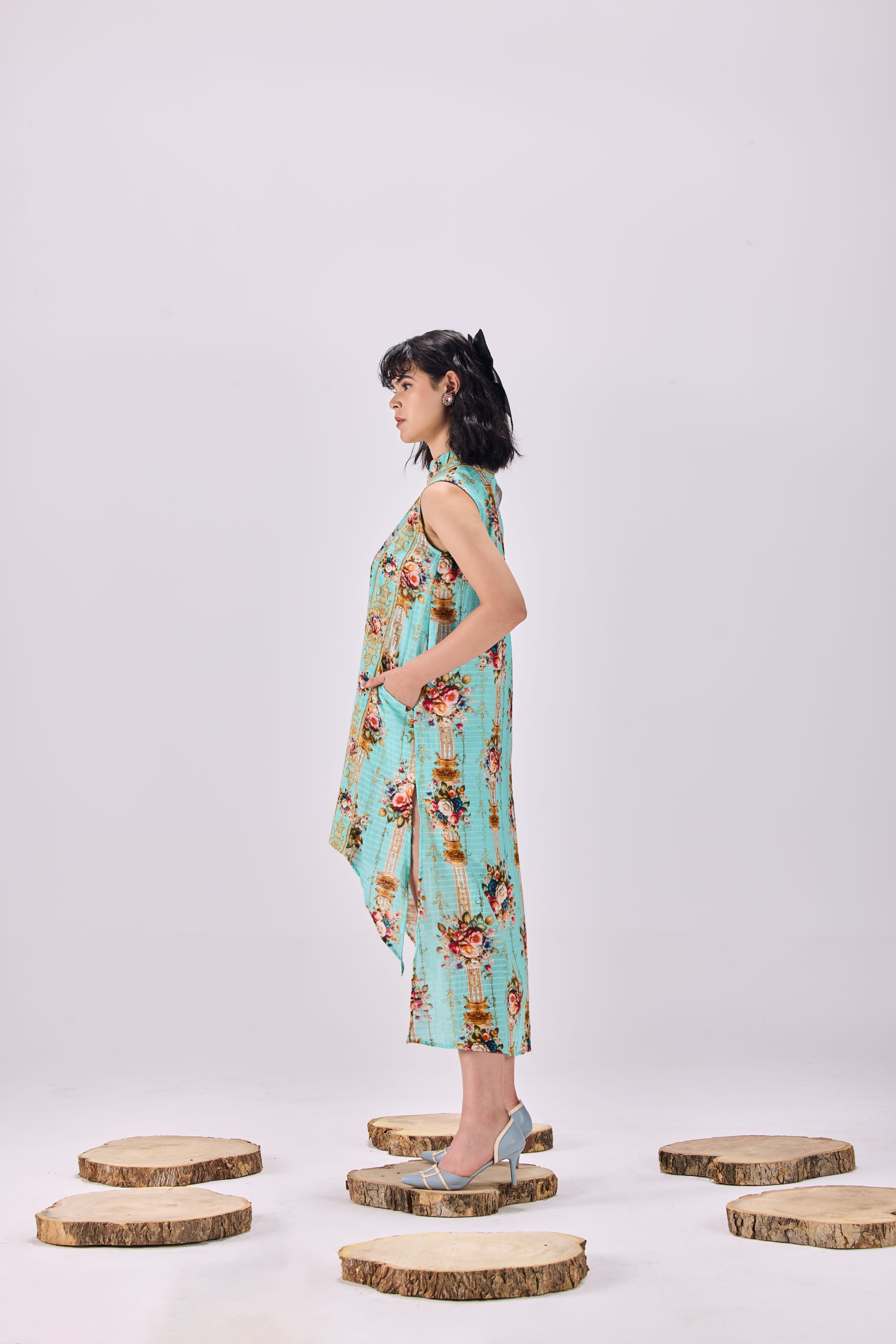 SAMMYUKK High Neck Vintage Floral Stripe Shift Dress - PALE TURQUOISE