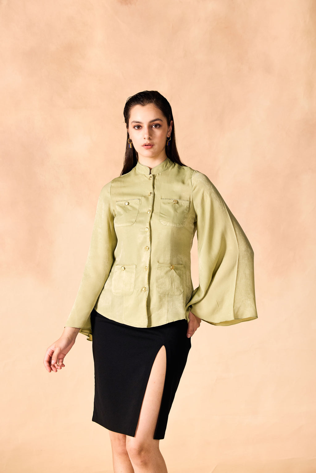 SAMMYUKK Gold Piped Trim Bell Sleeves Shirt - Tarragon Green
