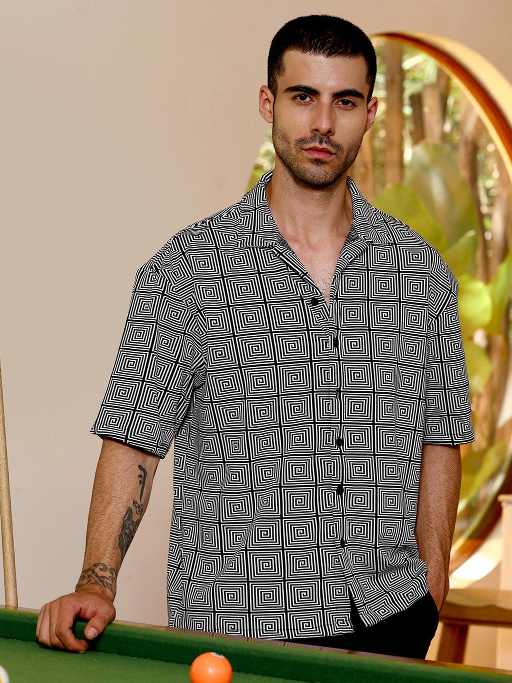 Campus Sutra Geometric Print Relaxed Fit Cuban Collar Shirt