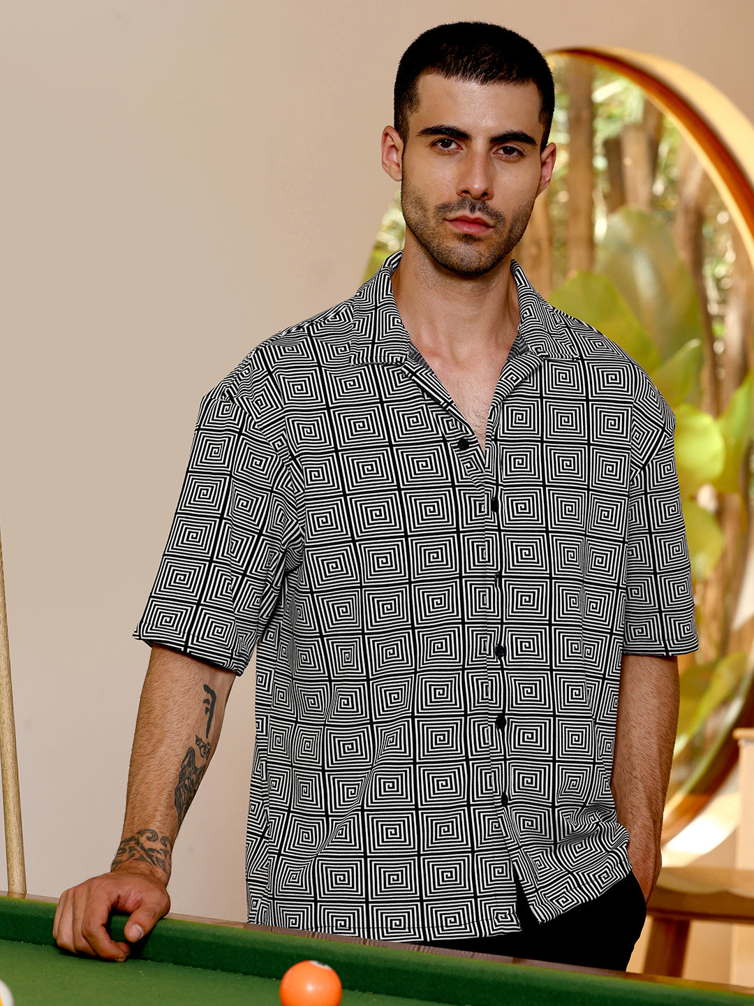 Campus Sutra Geometric Print Relaxed Fit Cuban Collar Shirt
