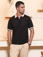 Campus Sutra Black Textured Polo T-shirt with Contrast Tipping
