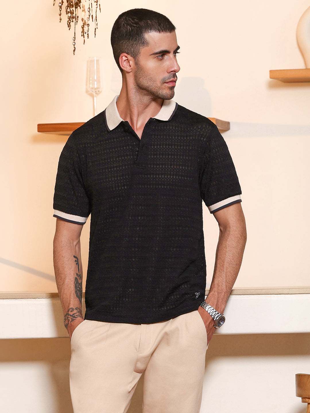 Campus Sutra Black Textured Polo T-shirt with Contrast Tipping