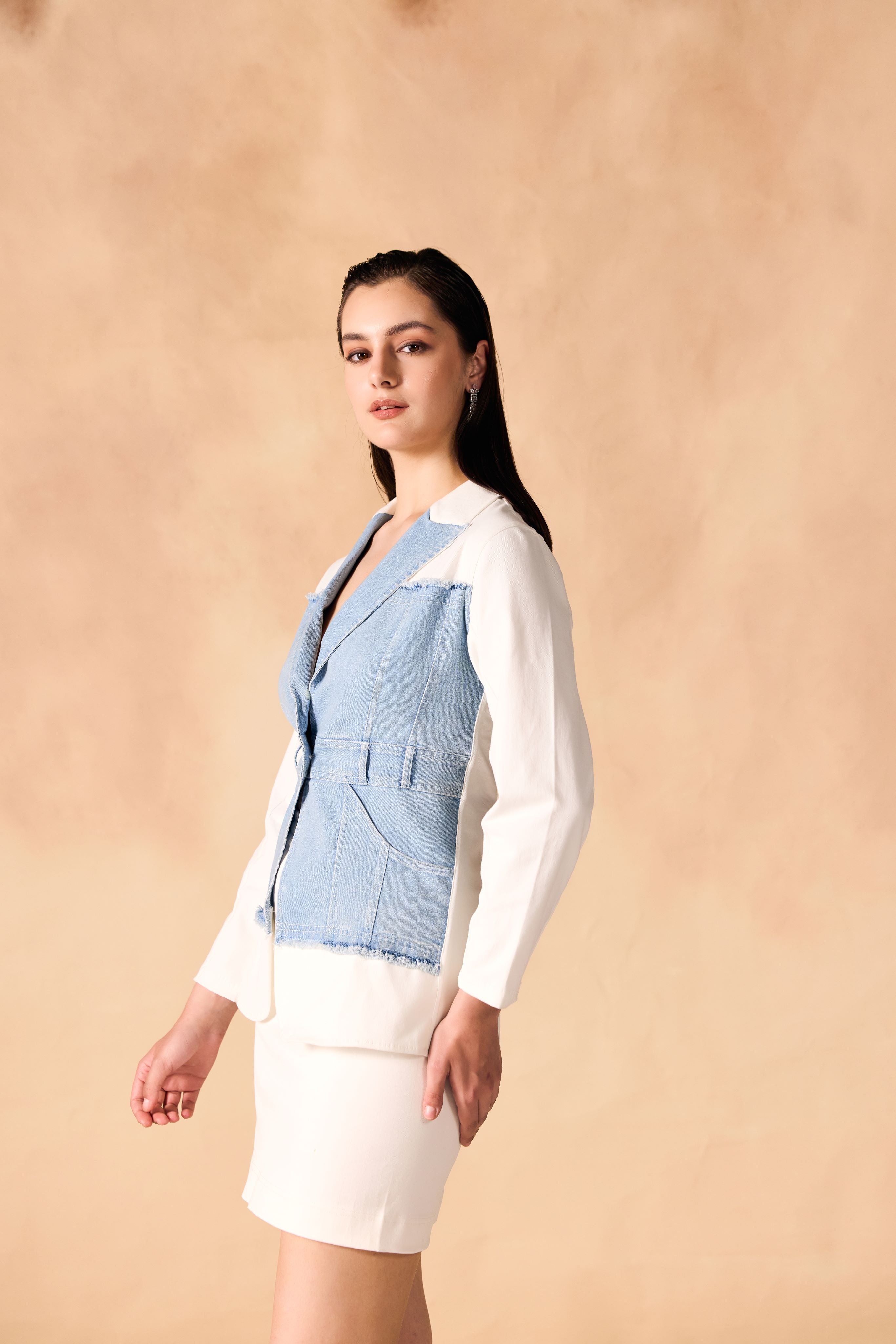 SAMMYUKK Panelled Denim & Twill Structured Jacket - ICE WASHED DENIM