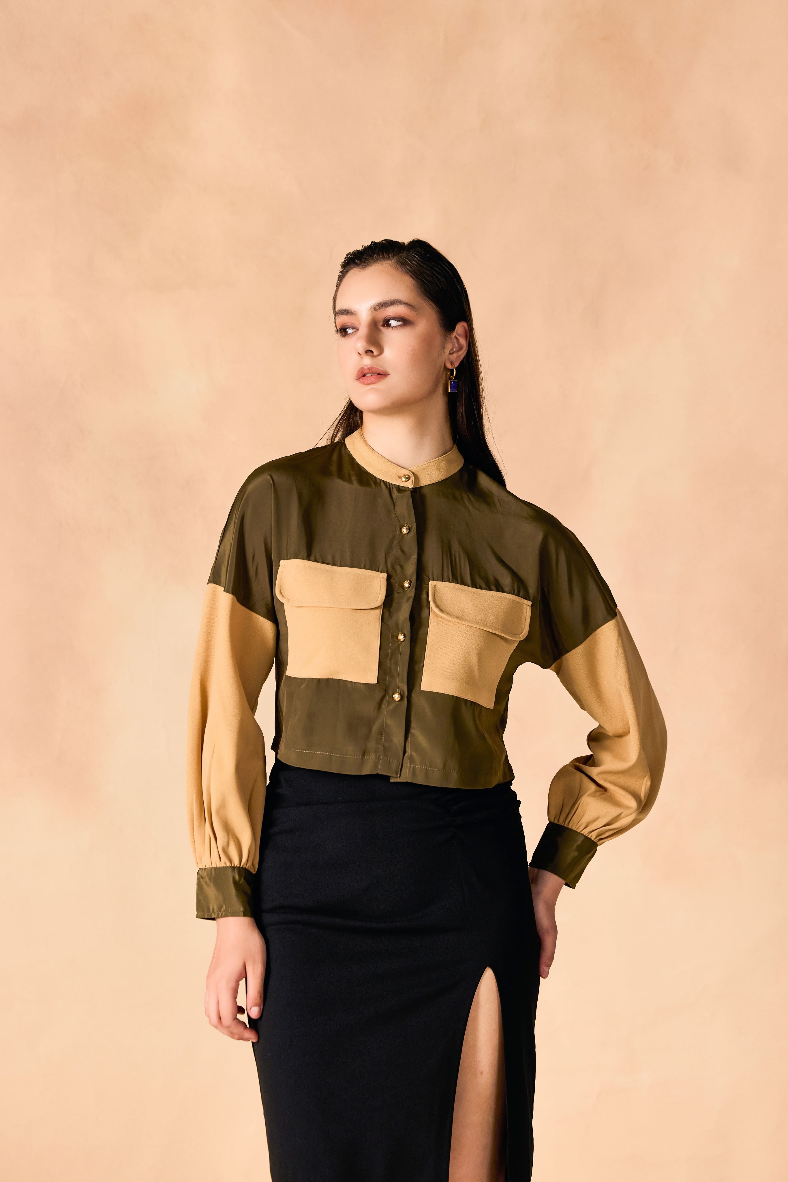 SAMMYUKK Colorblocked Button-Down Crop Shirt - BURNT OLIVE