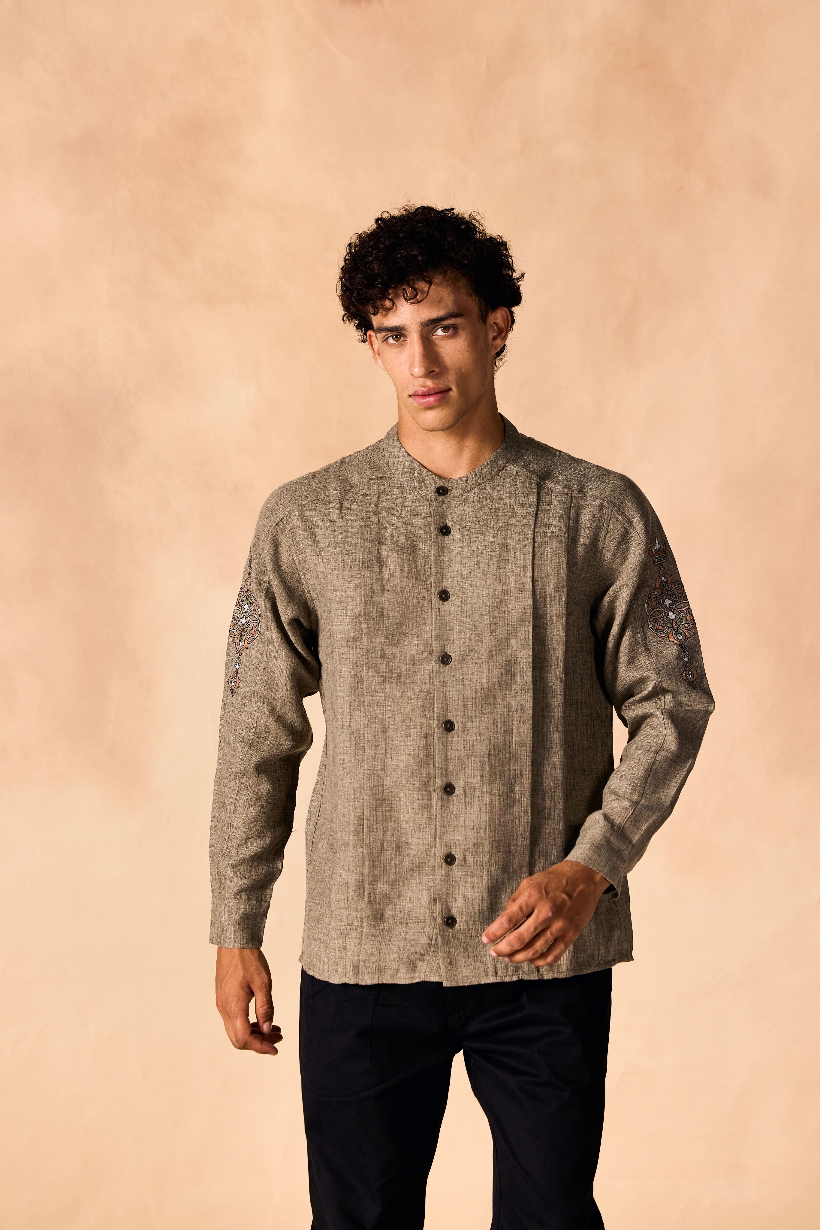 SAMMYUKK Renaissance Crown Embroidered Pleated Shirt - Grey Taupe