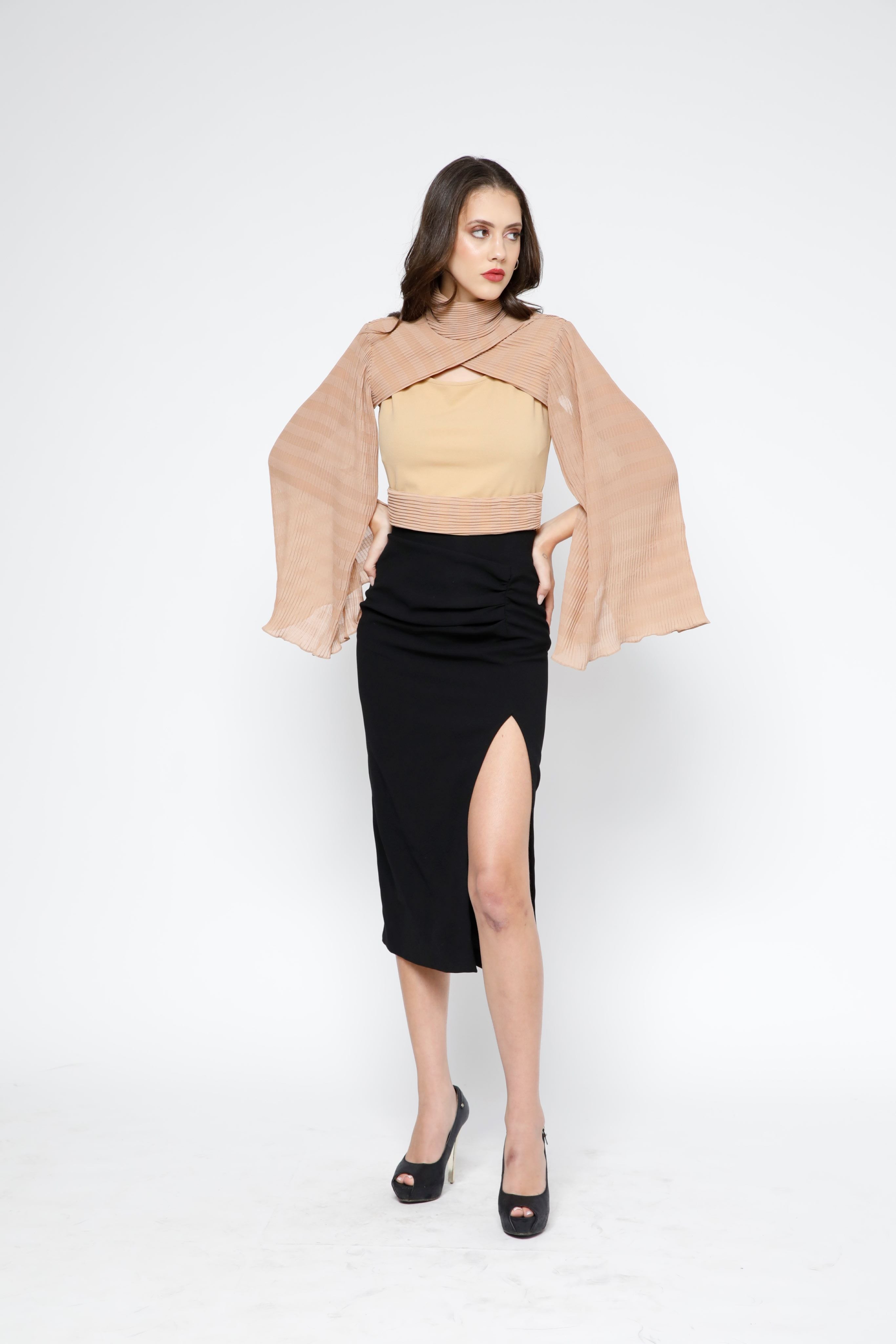 SAMMYUKK Detachable Cape Flared Sleeves Crop Top - Sunset Gold