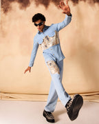 SAMMYUKK Ancient Roman Print Yoke Denim Shirt & Trouser Co-ord Set - ICE WASHED DENIM