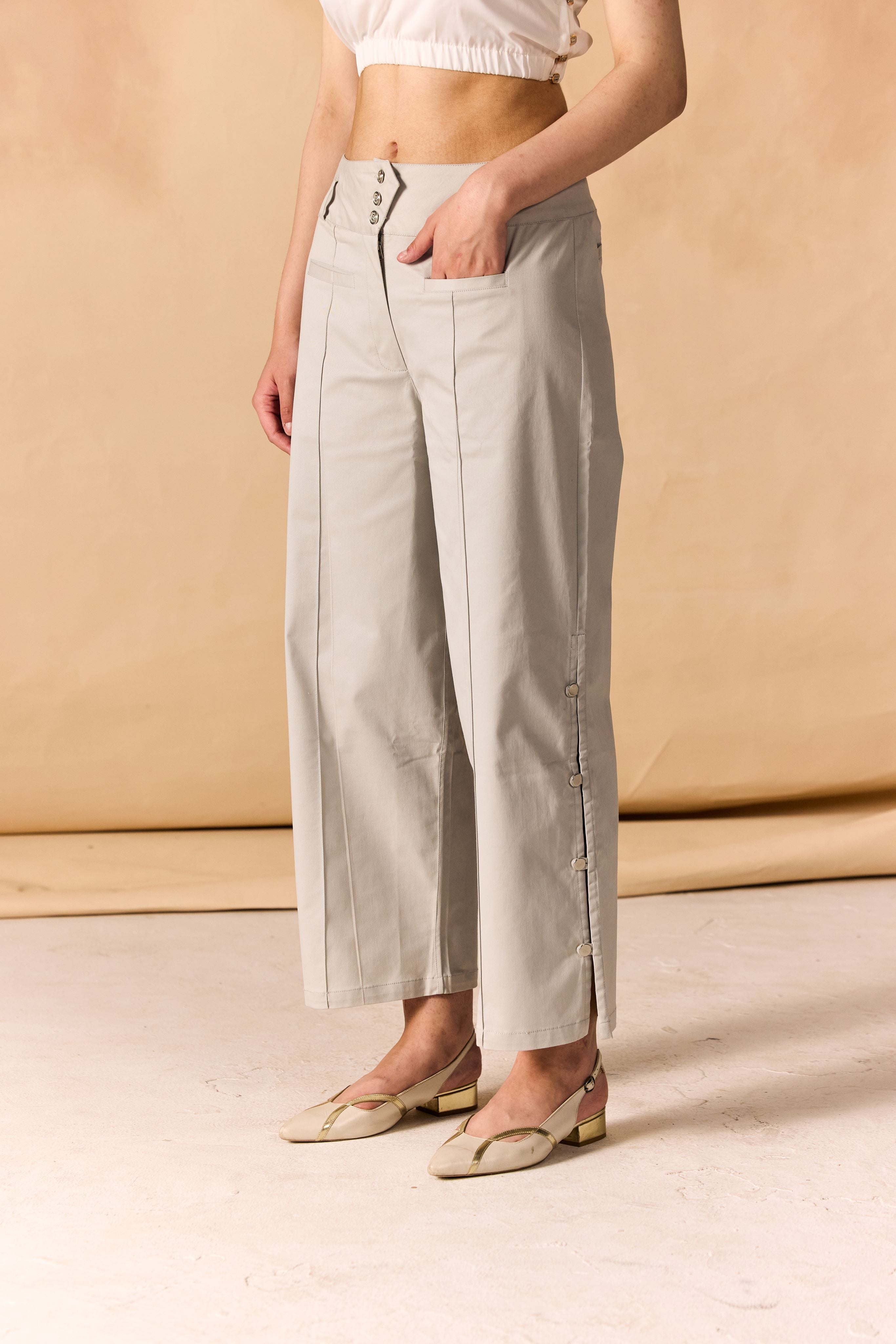 SAMMYUKK High Banded Waist Wide Leg Pants - Light Grey