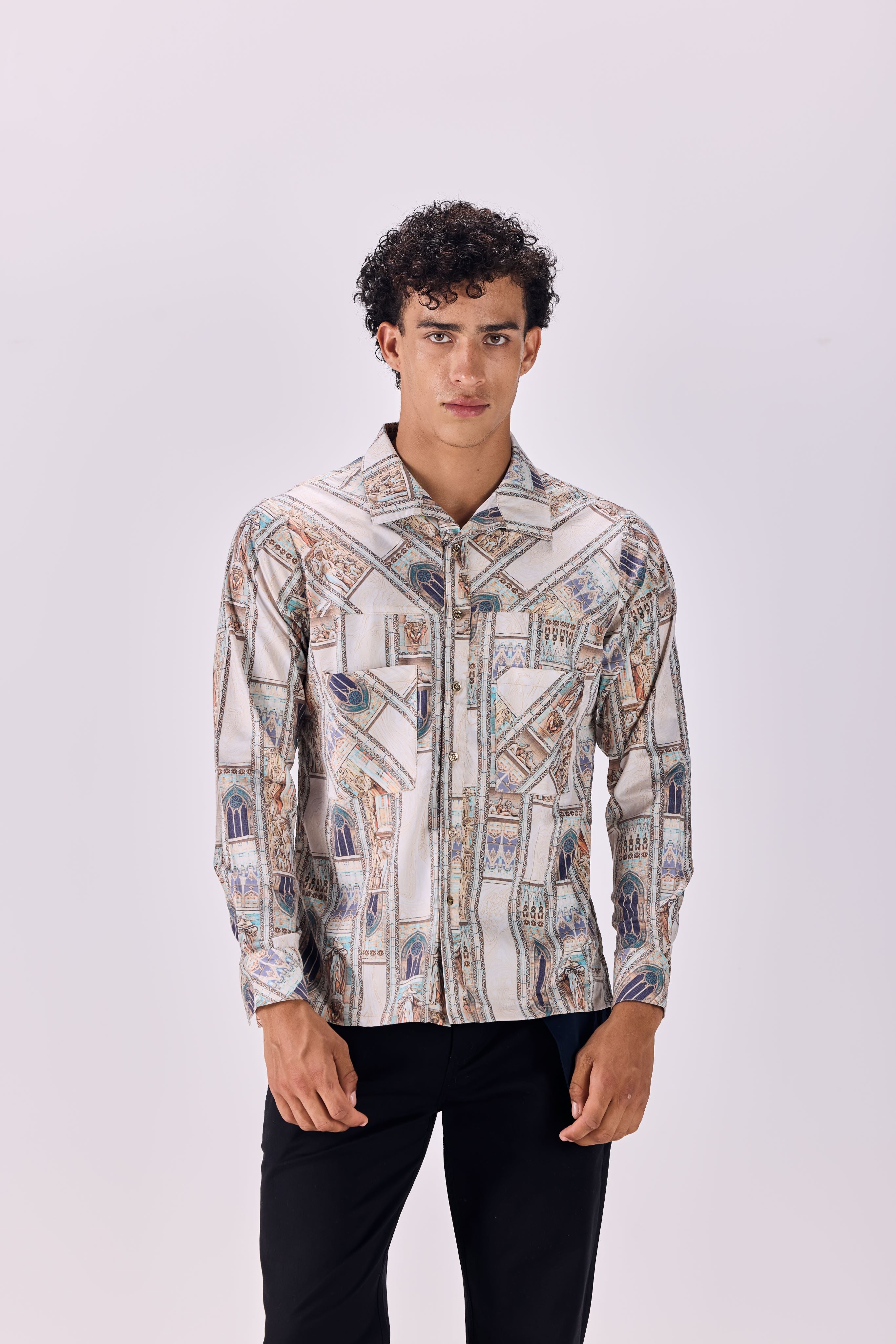 SAMMYUKK Ancient Roman Print Button-Up Drop Pocket Shirt - MULTICOLOR