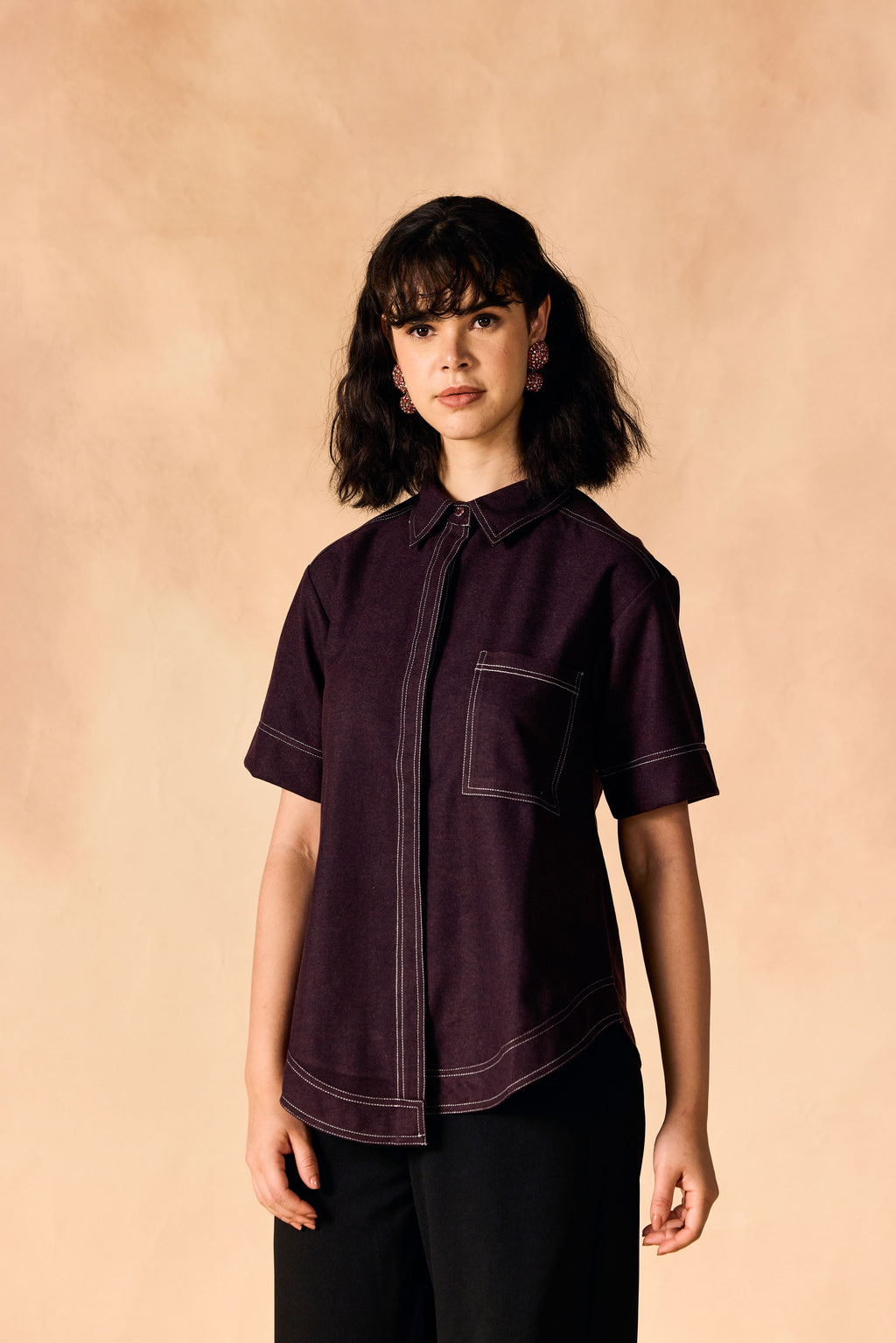 SAMMYUKK Contrast Stitch Button-Up Casual Oversized Shirt - WINETASTING