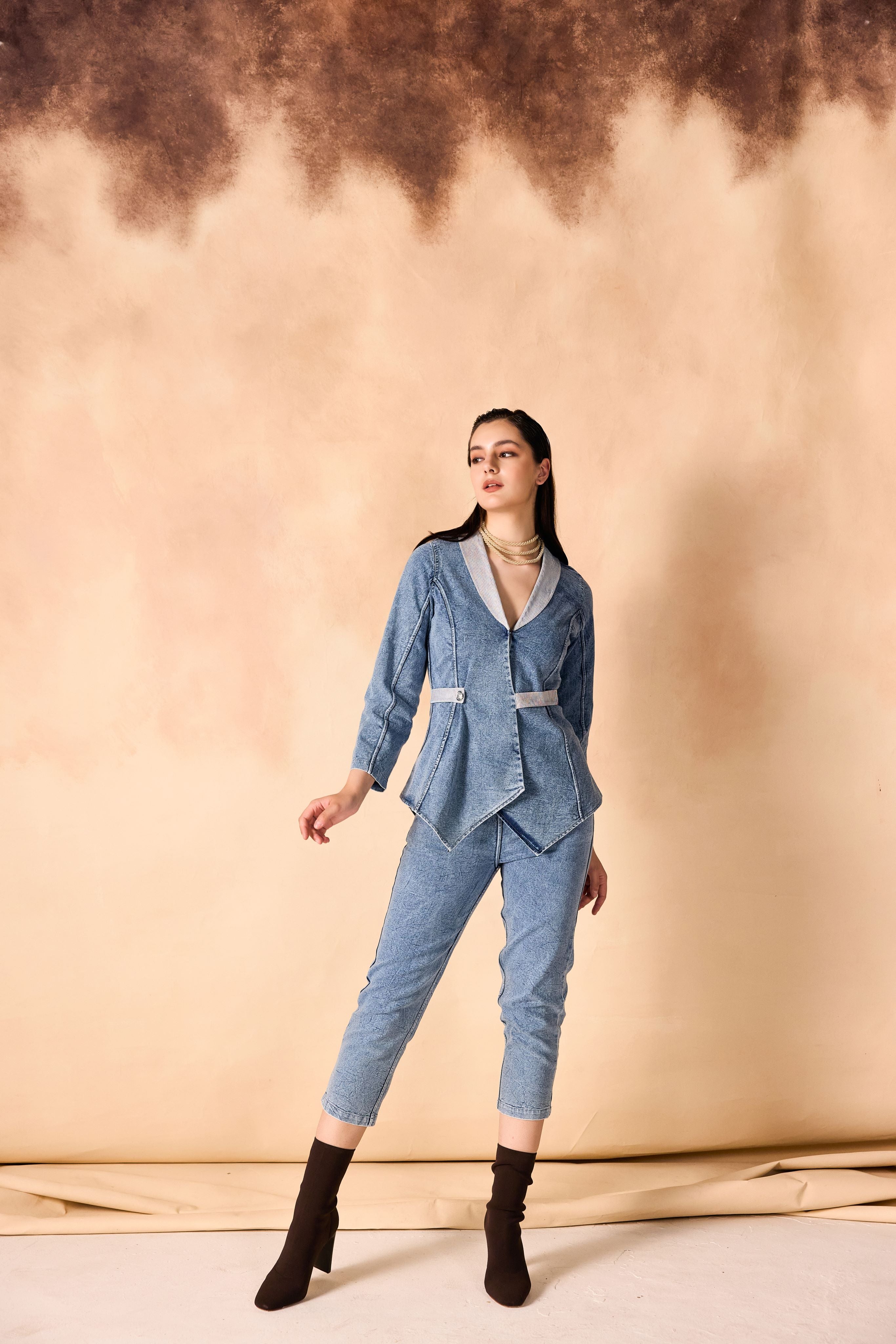 SAMMYUKK One-Button Jacket & Pant Acid Washed Denim Co-Ord Set - VINTAGE DENIM