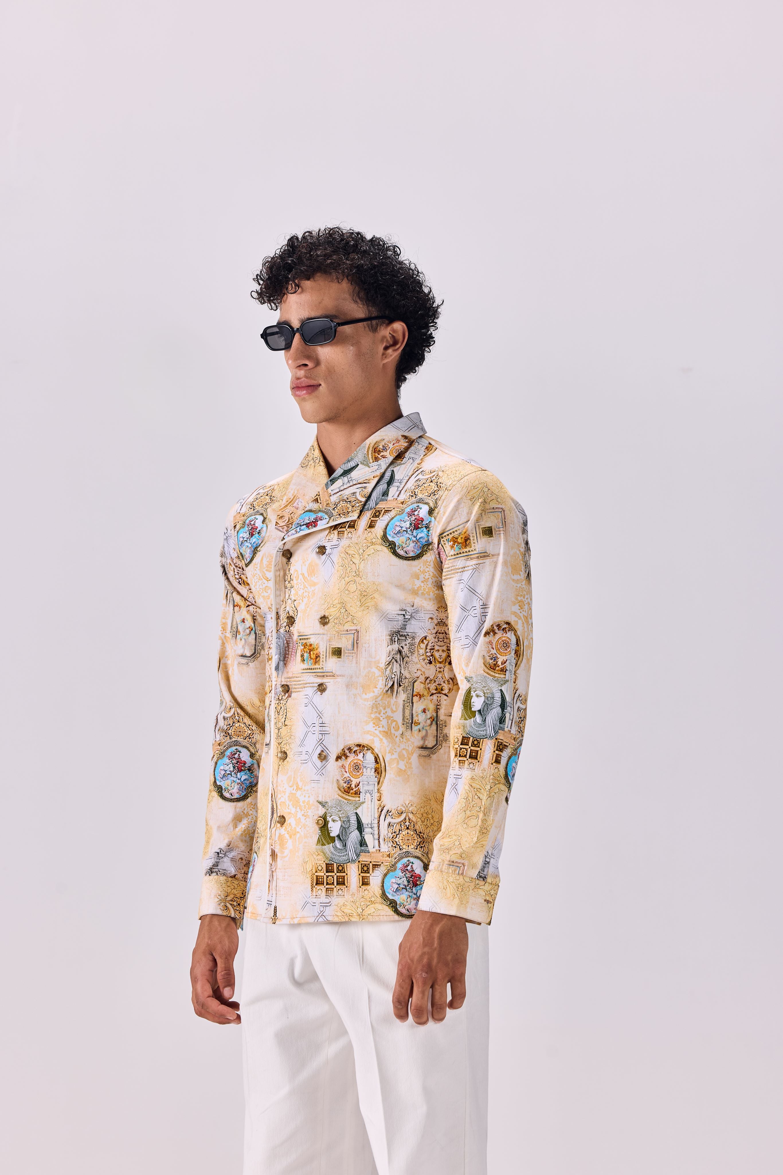 SAMMYUKK Vintage Oversized Collar Kingdom of Egypt Print Shirt - MULTICOLOR