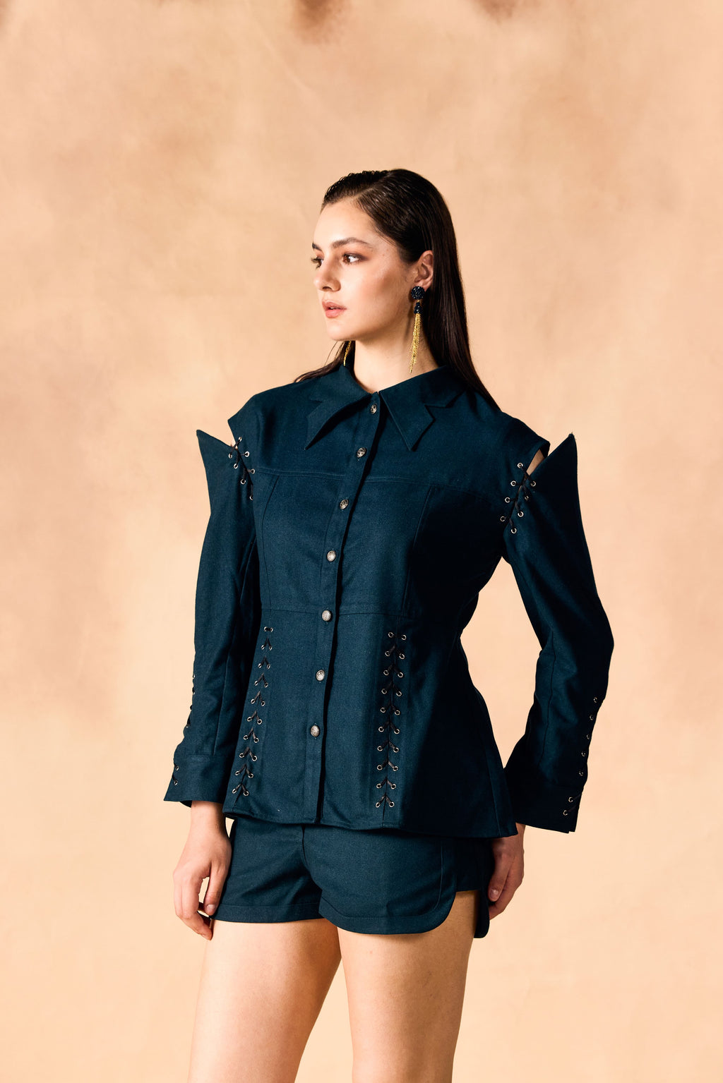 SAMMYUKK Slached Shoulder Paneled Peplum Shirt - Rain Forest