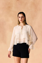 SAMMYUKK Casual Layered White Georgette Crop Top - IVORY