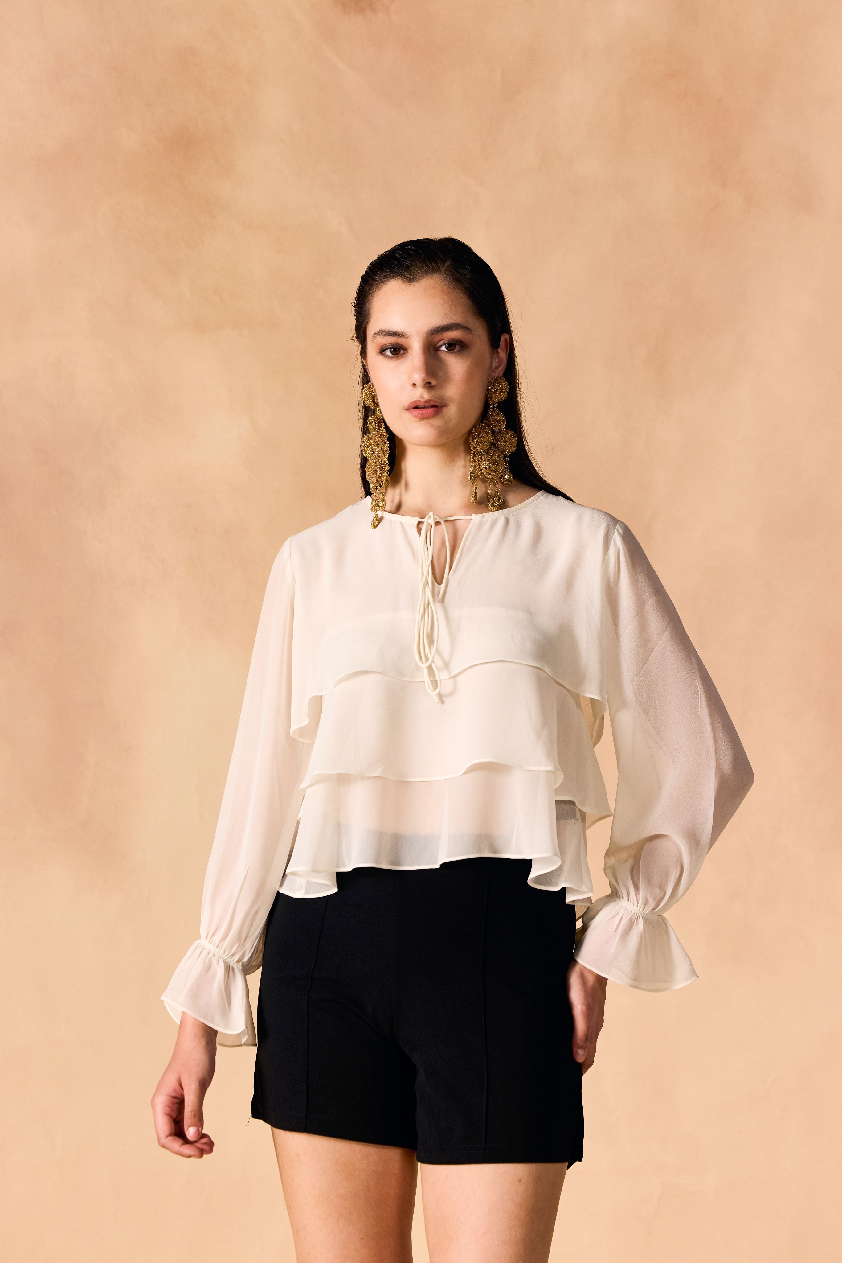 SAMMYUKK Casual Layered White Georgette Crop Top - IVORY
