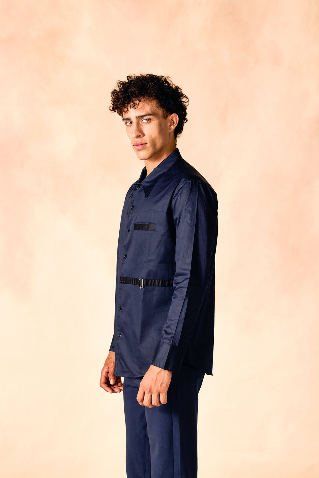 SAMMYUKK Attached Contrast Belted Cotton Satin Party Shirt - NAVY BLAZER