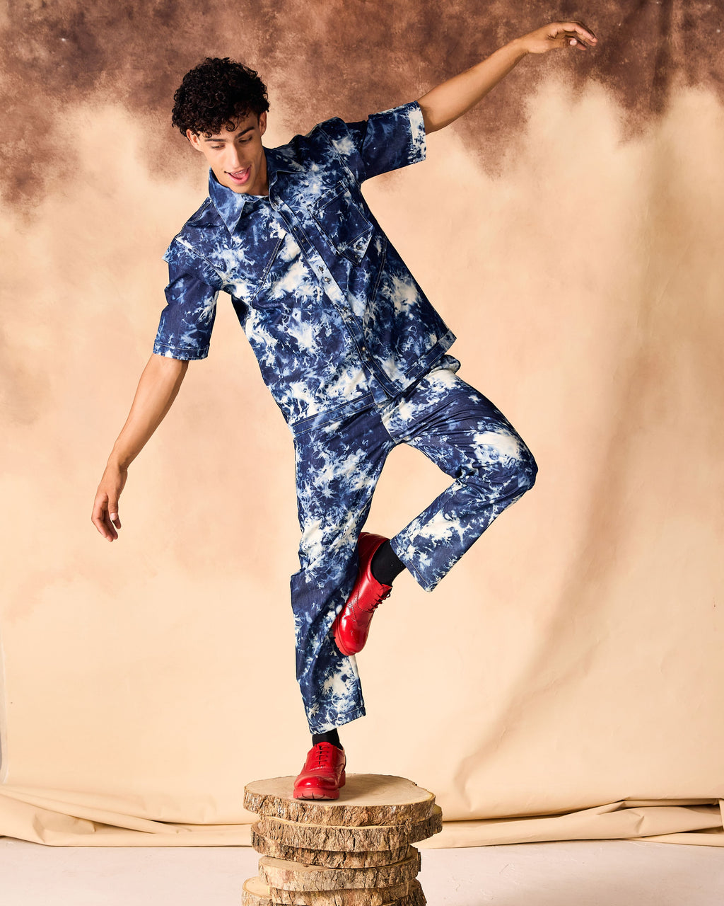 SAMMYUKK Tie and Dye Chambray Paneled Shirt & Trouser Co-ord Set - MOODY BLUE