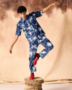 SAMMYUKK Tie and Dye Chambray Paneled Shirt & Trouser Co-ord Set - MOODY BLUE