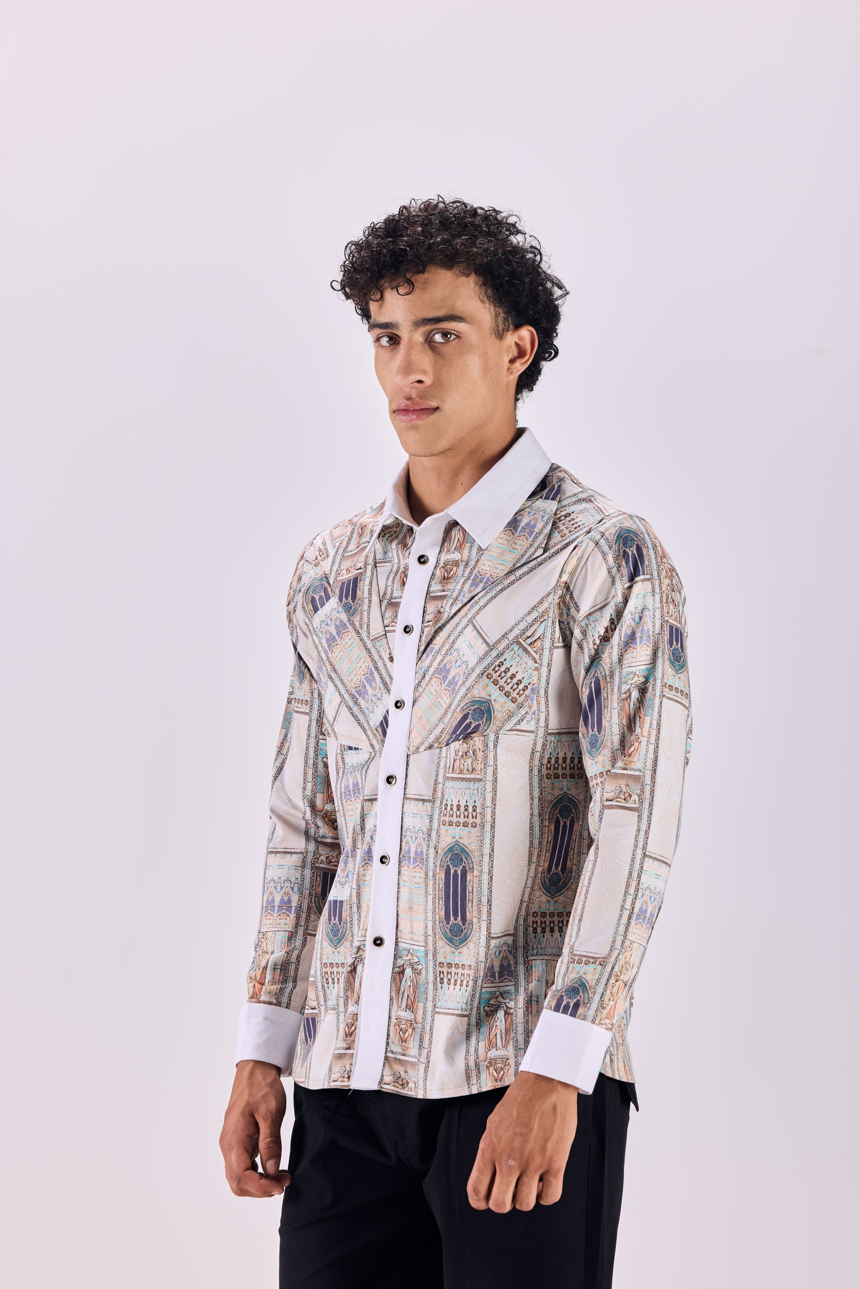 SAMMYUKK Contrast Collar Ancient Roman Print Button-Up Shirt - MULTICOLOR