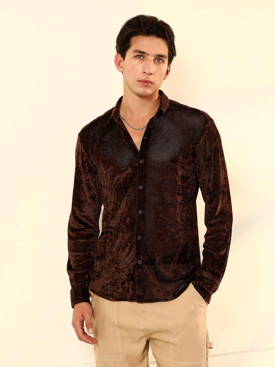 Campus Sutra Solid Velvet Shirt