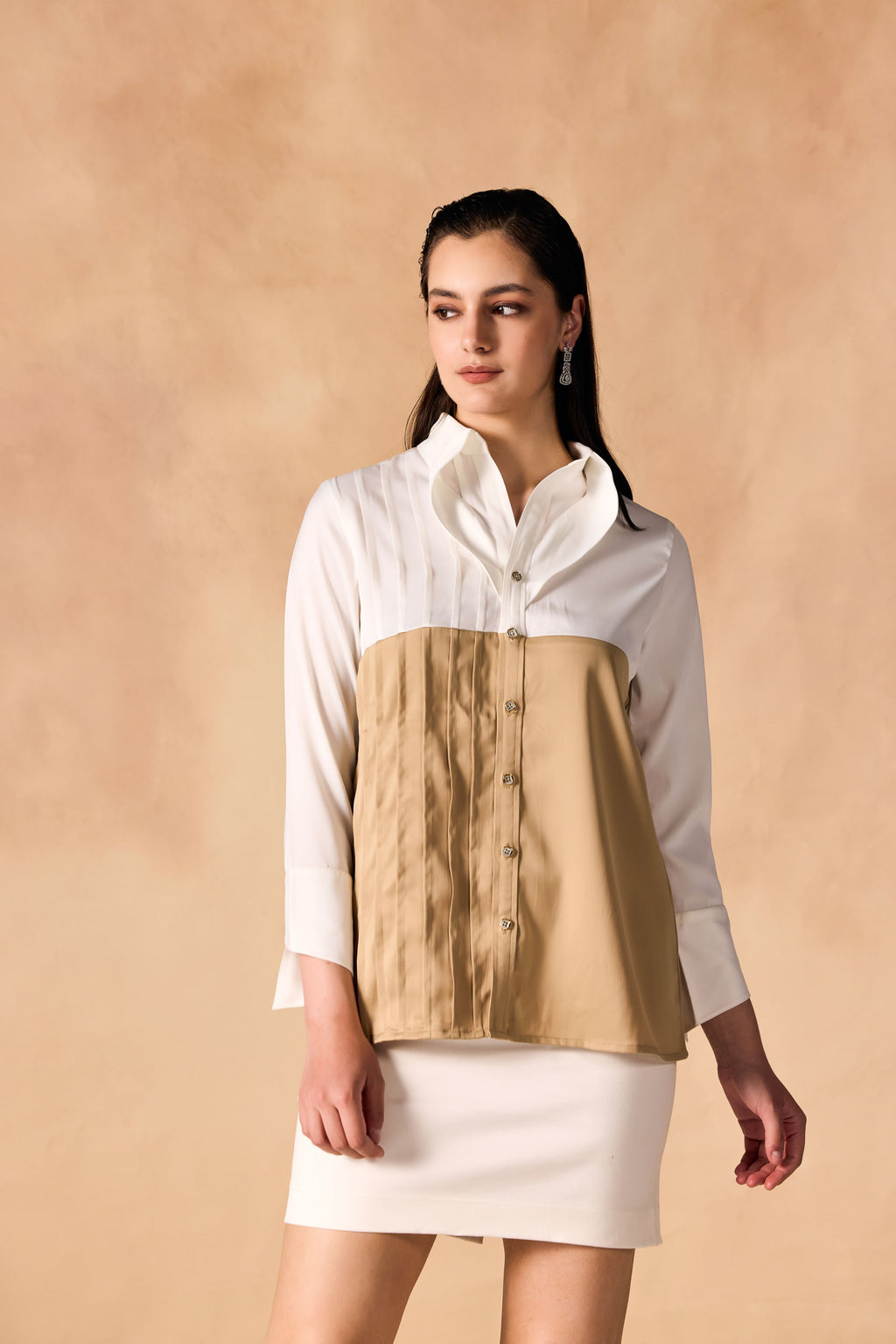 SAMMYUKK Two-Tone Pintuck Pleated Button-up Satin Shirt - CHAMPAGNE GOLD