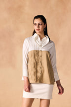 SAMMYUKK Two-Tone Pintuck Pleated Button-up Satin Shirt - CHAMPAGNE GOLD
