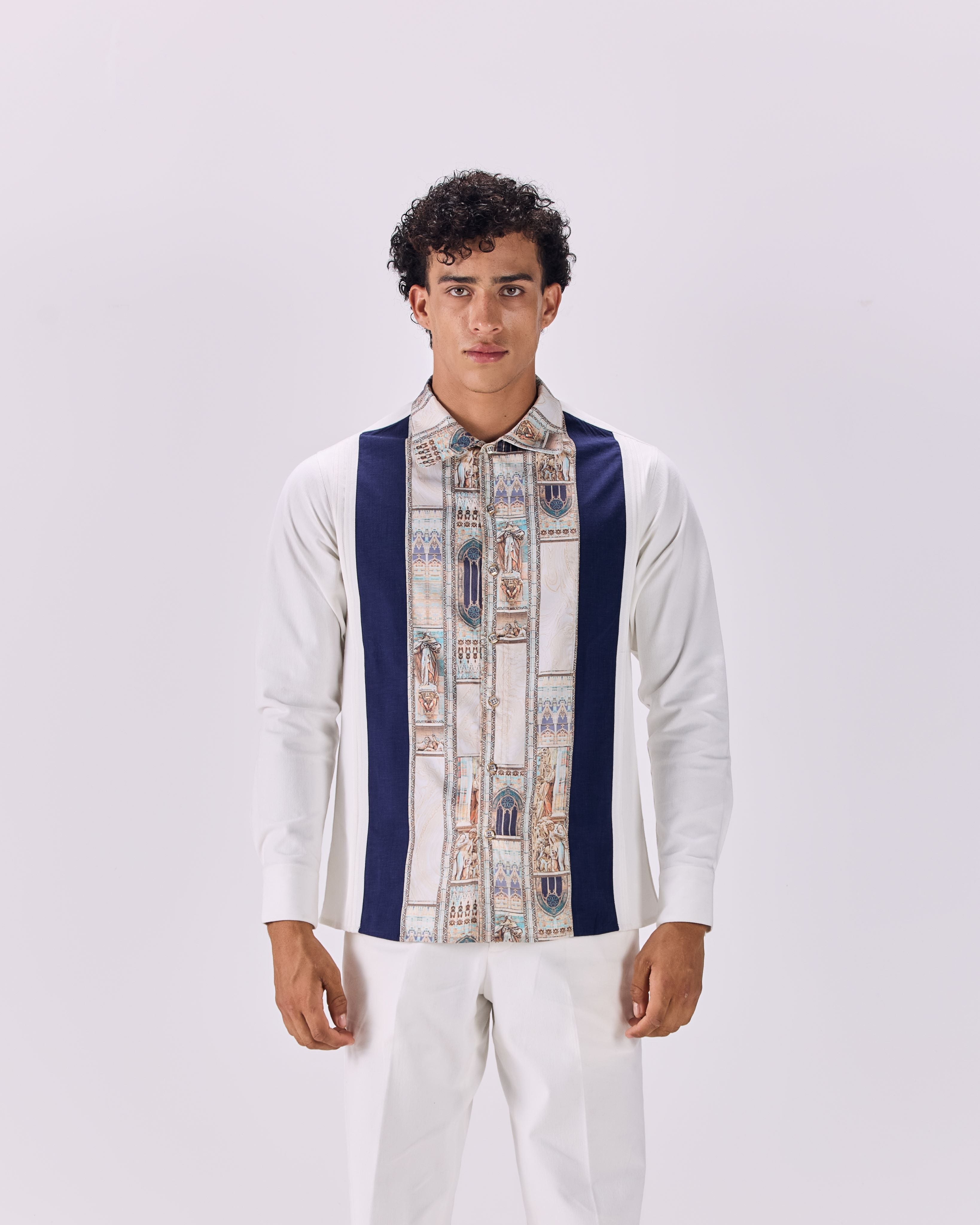 SAMMYUKK Pintuck Pleated Ancient Roman Print Button-Up Shirt