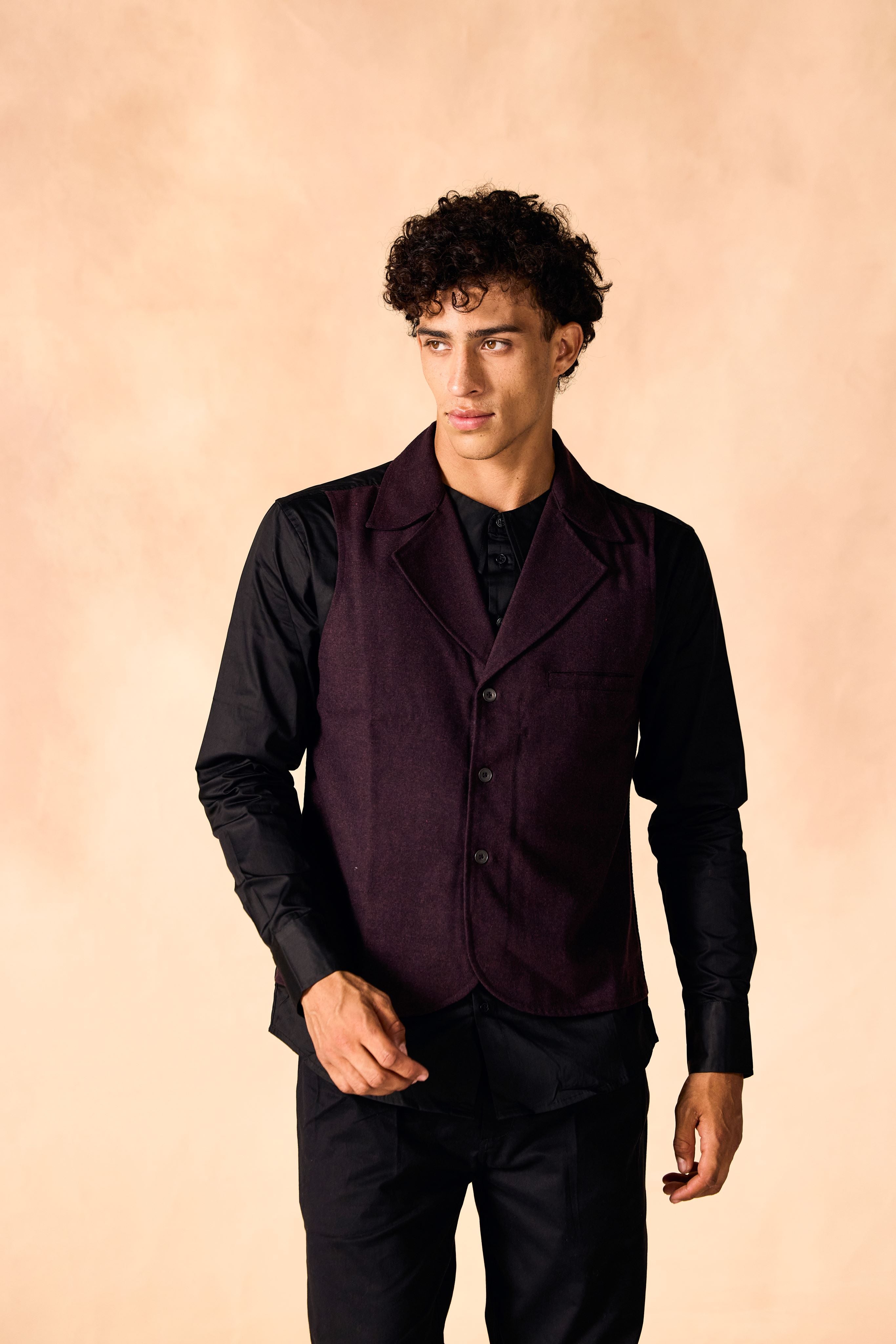 SAMMYUKK Lapel Collar Attached Vest Shirt - Tuxedo Black