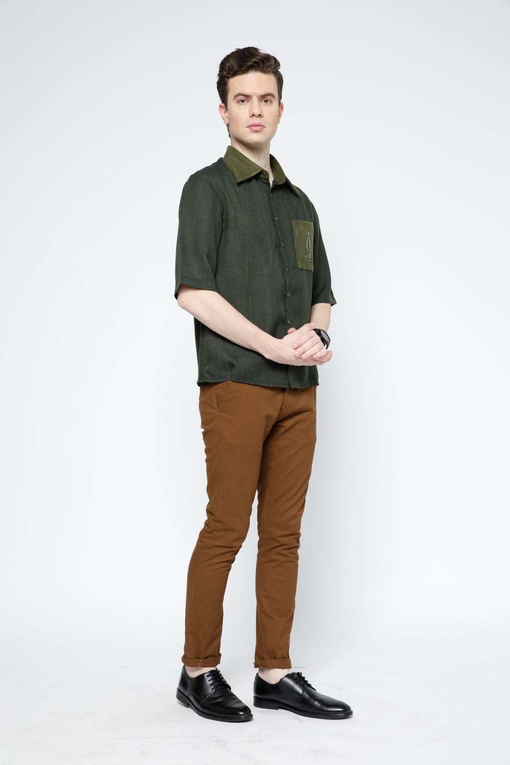 SAMMYUKK Embroidered Pocket Linen Shirt - Black Forest