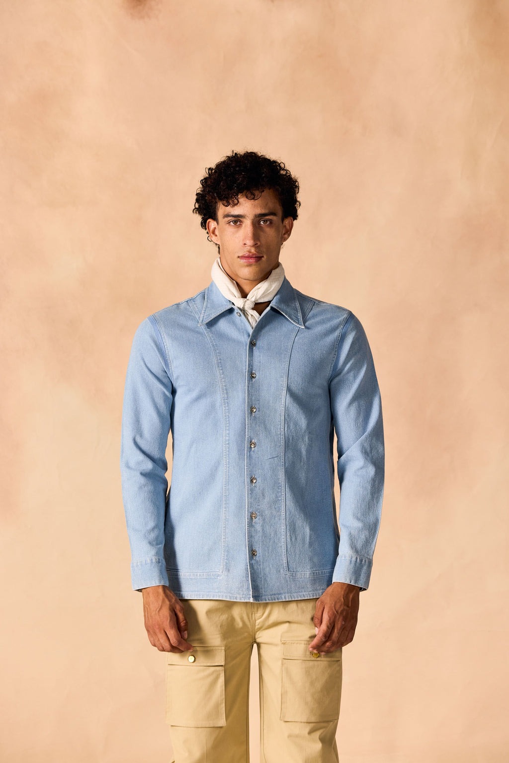 SAMMYUKK Ice Washed Denim Button-Up Paneled Shirt - ICE WASHED DENIM