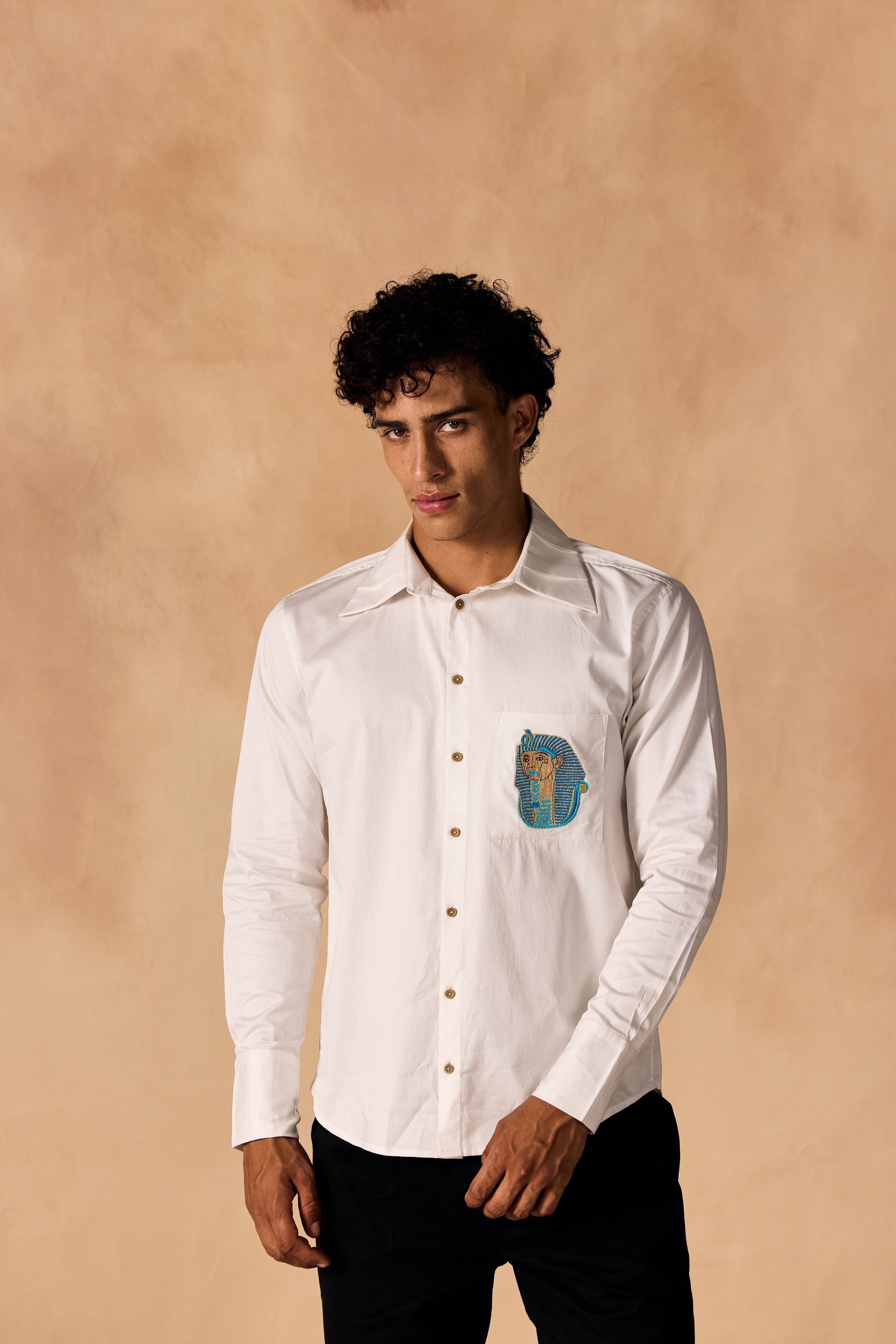 SAMMYUKK Pleated Collar Embroidered Shirt - Crisp White