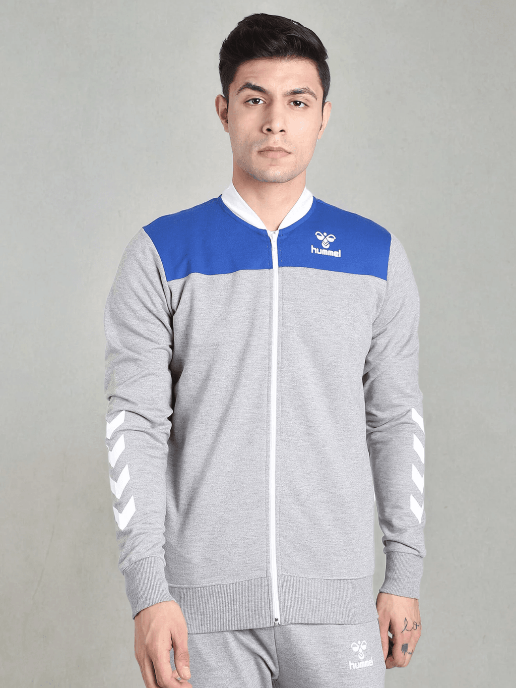 Hummel Grey Melange Regular Tracksuits for Men Gym Wear