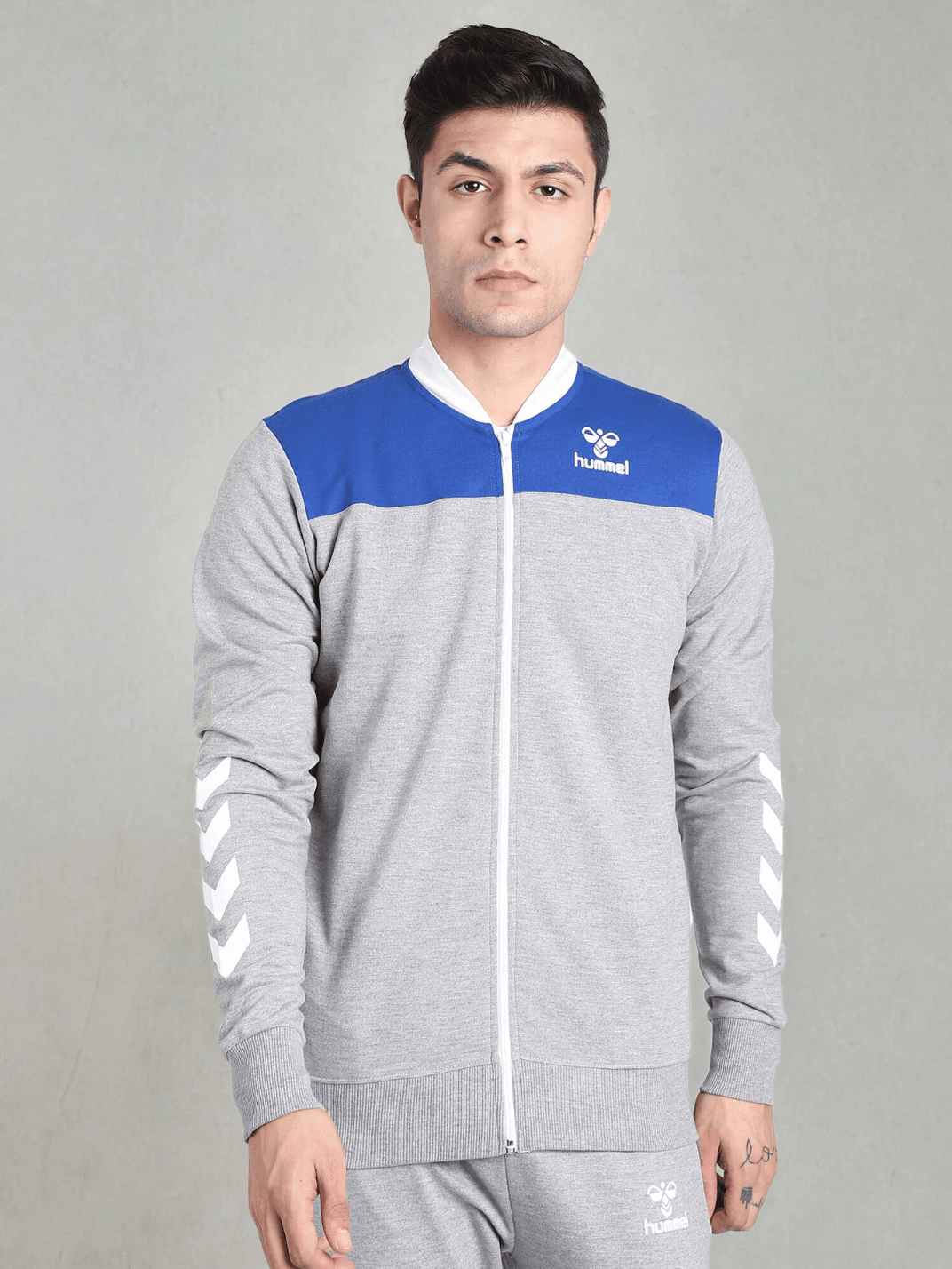 Hummel Grey Melange Regular Tracksuits for Men Gym Wear