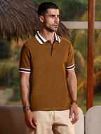 Campus Sutra Mustard Brown Tipped Collar Polo T-Shirt