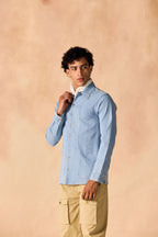 SAMMYUKK Ice Washed Denim Button-Up Paneled Shirt - ICE WASHED DENIM