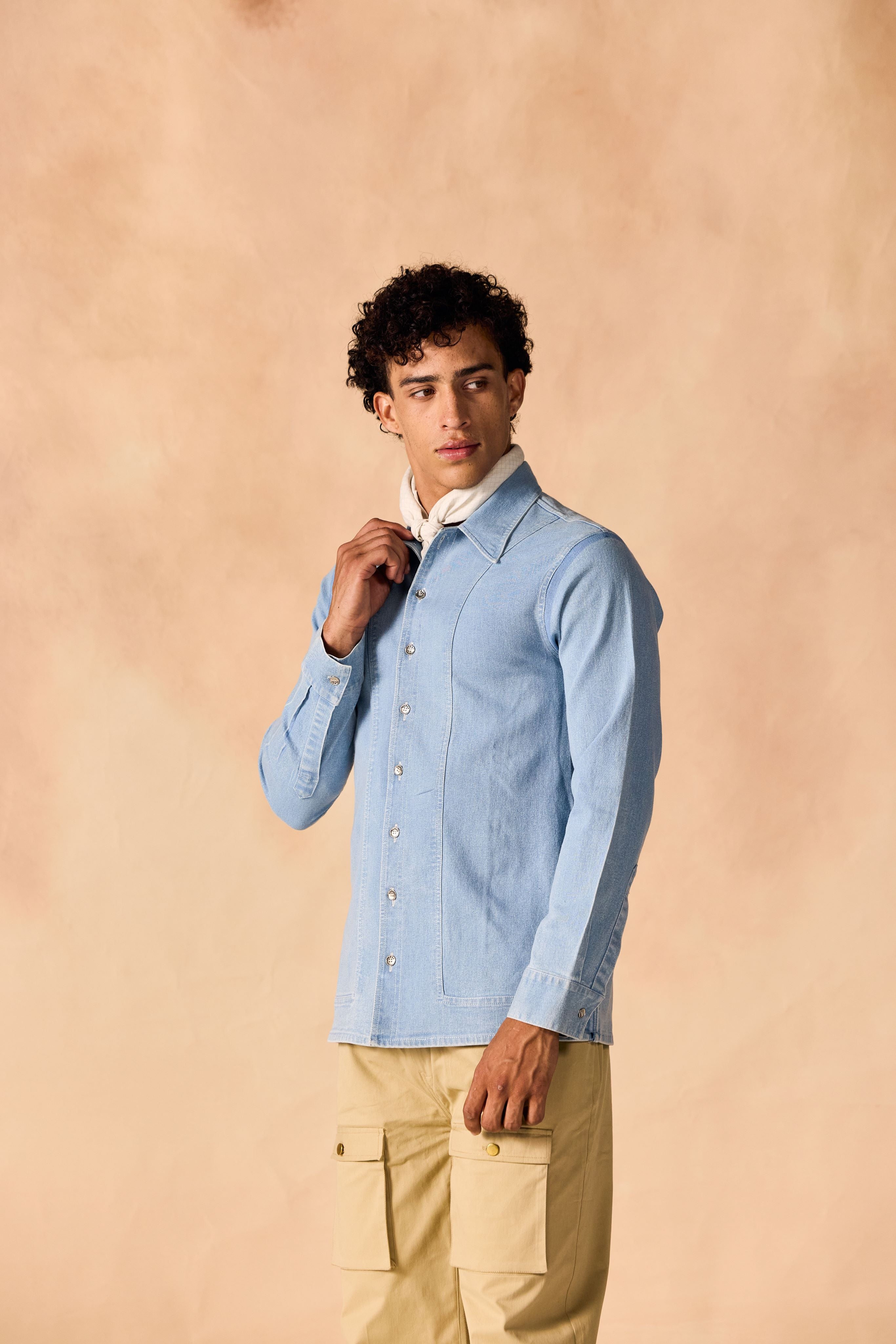 SAMMYUKK Ice Washed Denim Button-Up Paneled Shirt - ICE WASHED DENIM