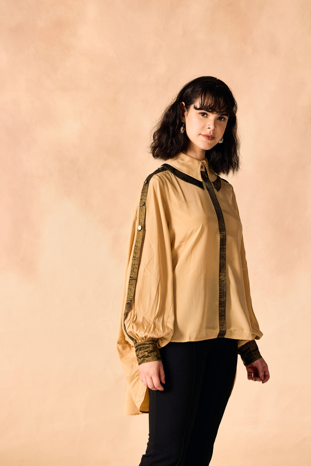 SAMMYUKK Contrast trim Double Collar Cape Shirt - Honey Beige