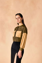 SAMMYUKK Colorblocked Button-Down Crop Shirt - BURNT OLIVE