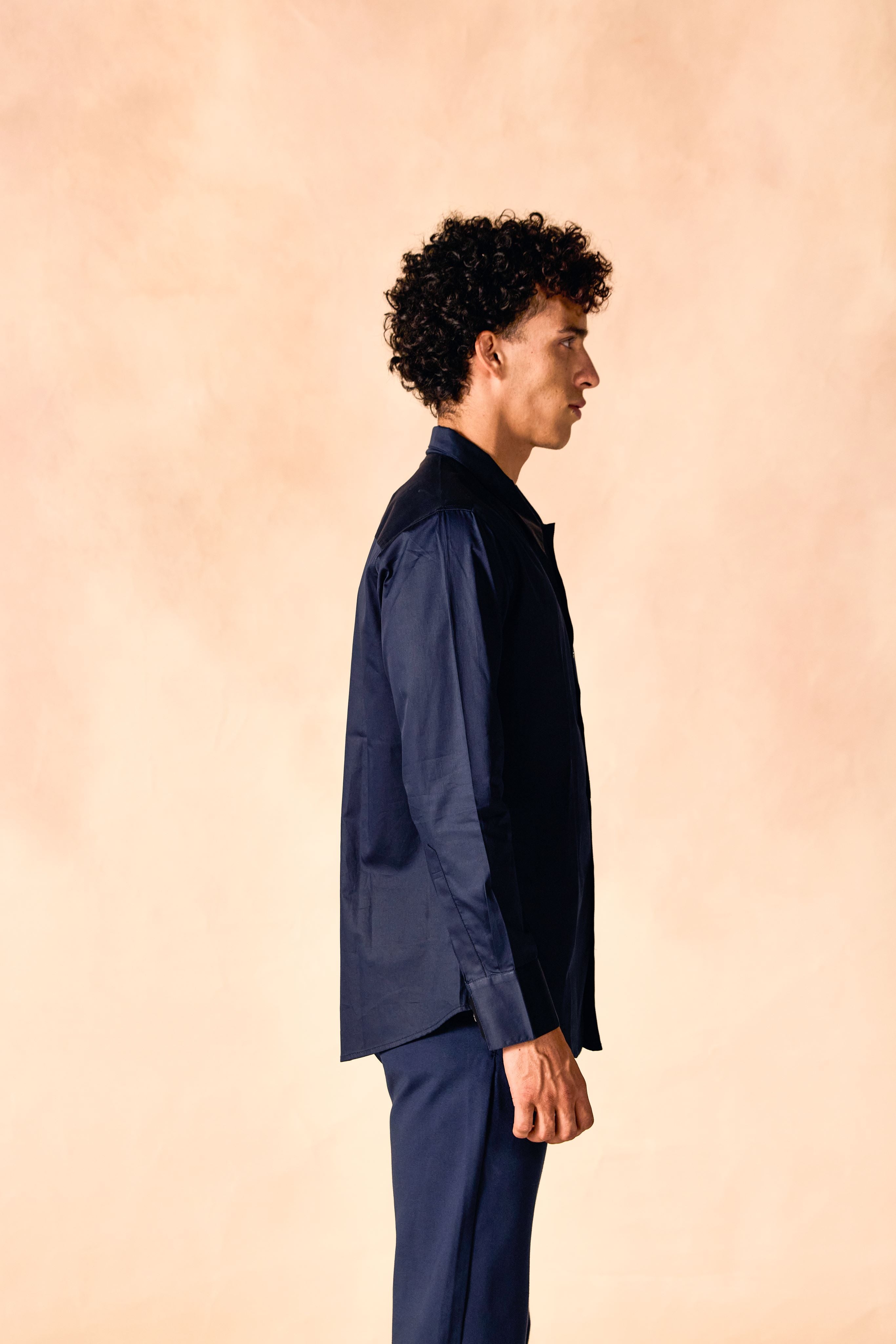 SAMMYUKK Attached Contrast Belted Cotton Satin Party Shirt - NAVY BLAZER