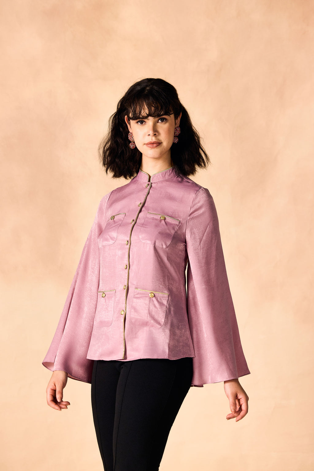 SAMMYUKK Gold Piped Trim Bell Sleeves Shirt - Pink Nectar