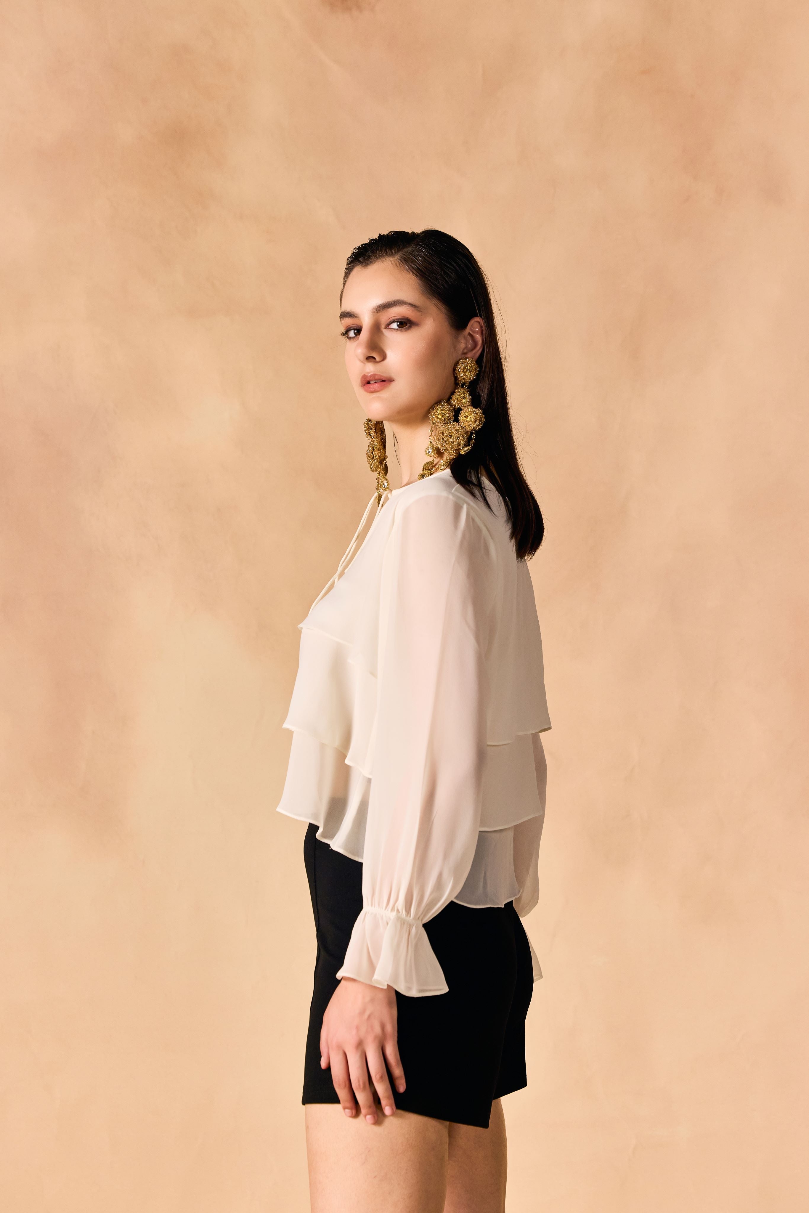 SAMMYUKK Casual Layered White Georgette Crop Top - IVORY