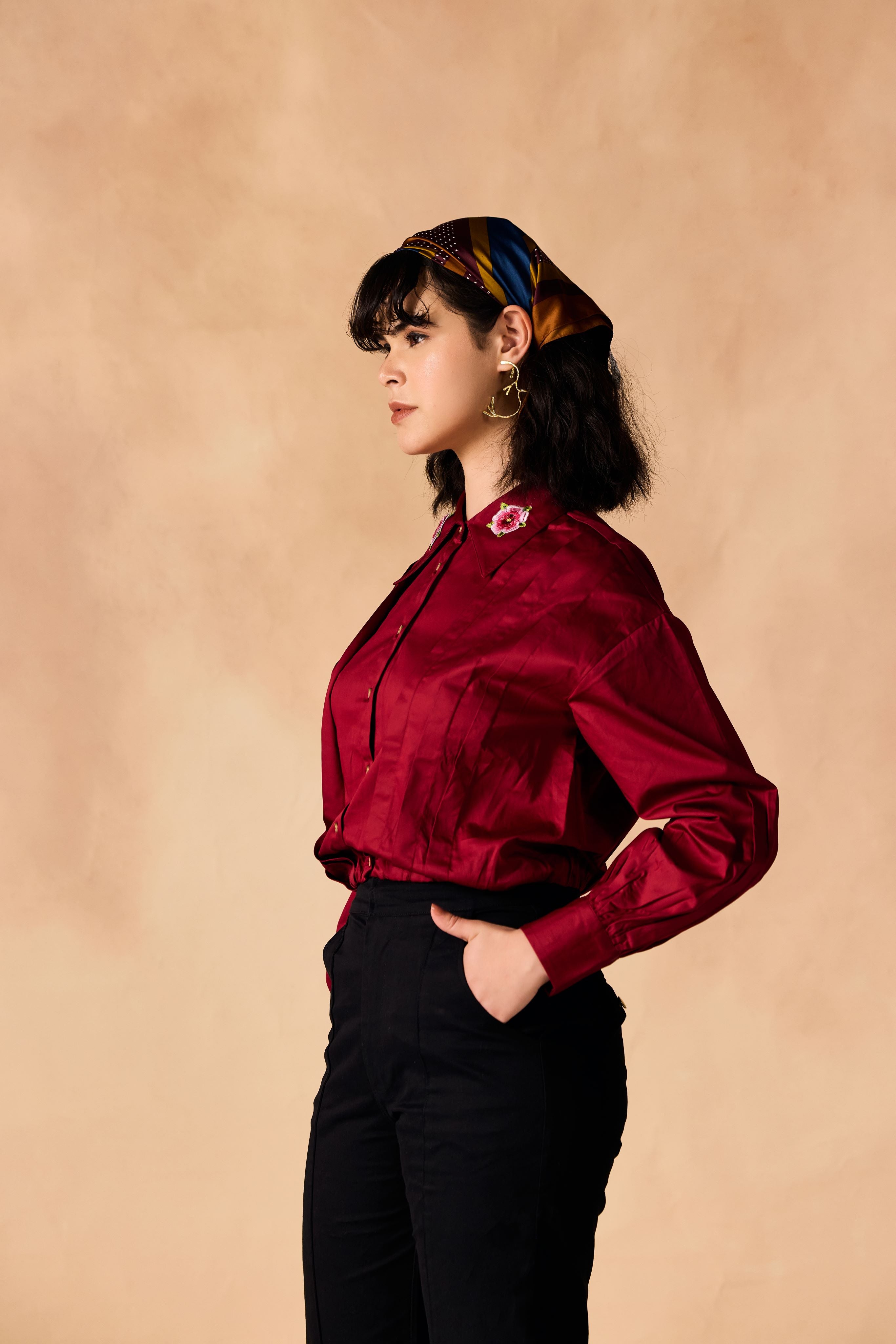 SAMMYUKK 3D Floral Embroidered Red Crop Shirt - Savvy Red