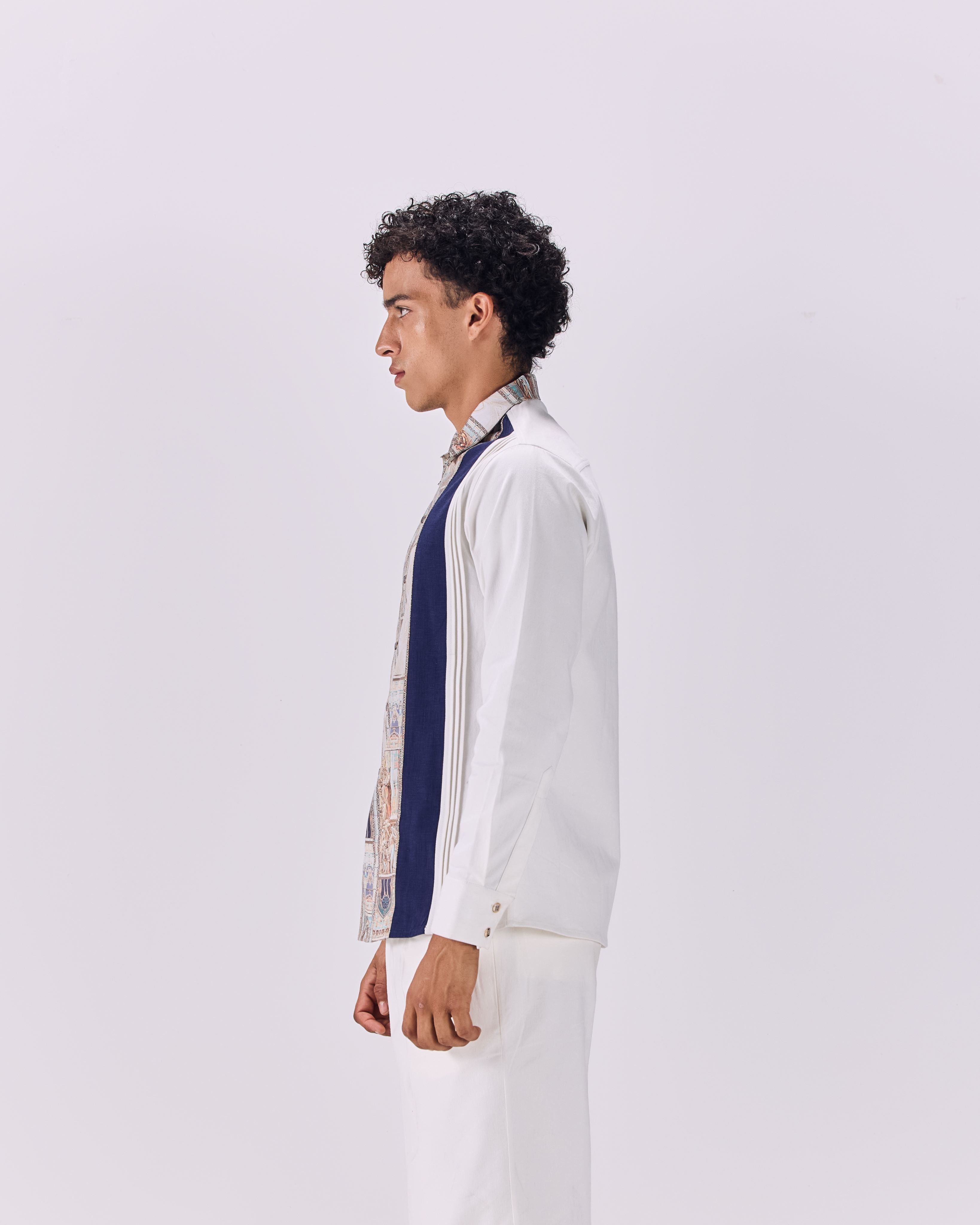 SAMMYUKK Pintuck Pleated Ancient Roman Print Button-Up Shirt