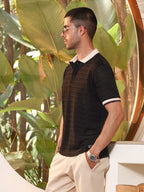 Campus Sutra Black Textured Polo T-shirt with Contrast Tipping