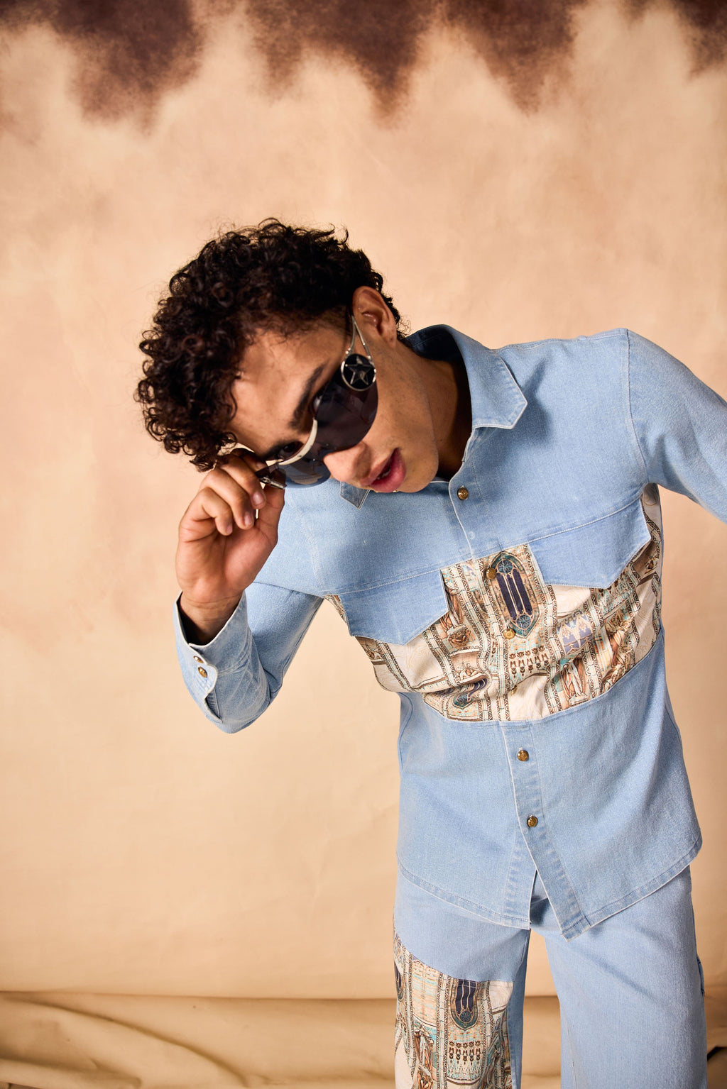 SAMMYUKK Ancient Roman Print Yoke Denim Shirt & Trouser Co-ord Set - ICE WASHED DENIM